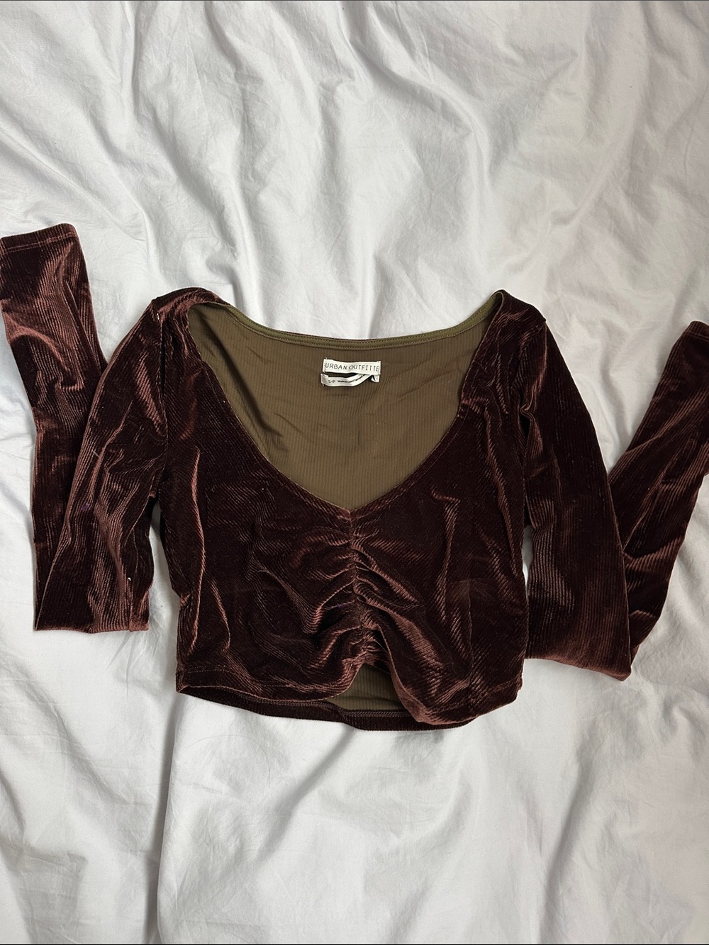 Urban Outfitters Brown Velvet Ruched Long Sleeve Crop